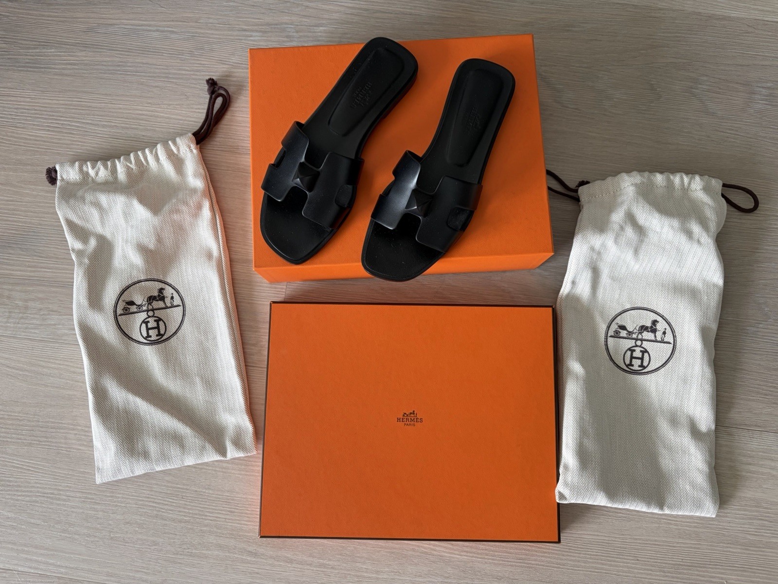 Hermes Black Leather Sandals