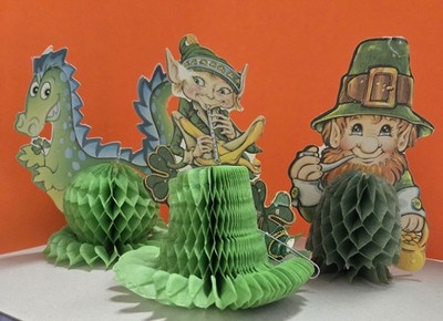 1986 Beistle Vintage  St. Patrick's  Day  Honeycomb Leprechauns & Dragon 3 Pcs.