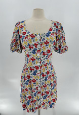 Rixo x Target Puff Sleeve Mini Linen Blend Floral Dress Womens 10 White Buttons