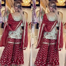 Ethnic Wear Red Chinnon Silk Kurta Palazzo With Dupatta For Women  Girls