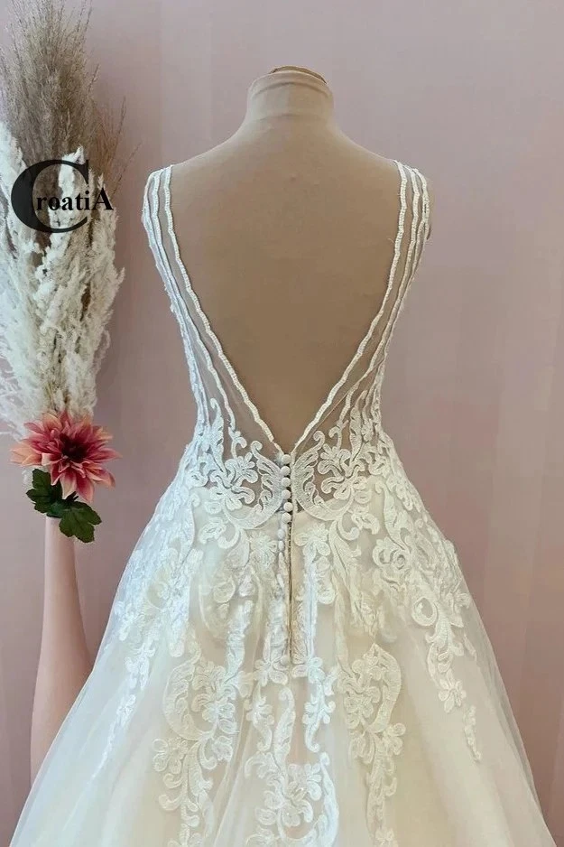 Трапециевидные свадебные платья свадебные для женщины бак v-образным вырезом роскошные новые аппликации - Изображение 2 из 4