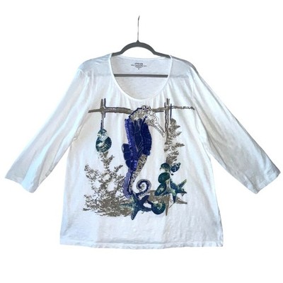 Chicos White Cotton 3/4 Sleeve Top With Blue Seahorse Starfish Embellished Desig