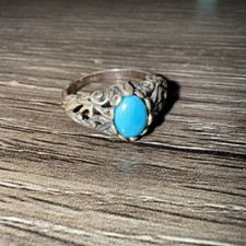 .925 Silver Turquoise Stone Filigree Side Hearts Ring Sz 7