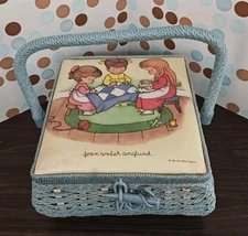 Joan Walsh Anglund Blue Woven Sewing Box, 'little quilters' Vintage 1980s