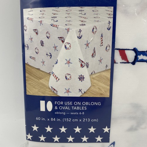Patriotic Vinyl Tablecloth 60" x 84" Oblong Nautical Red White Blue - Picture 2 of 5