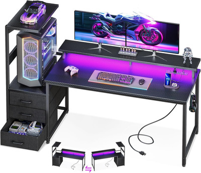 Gaming Desk LED Lights USB Charging 52 /59  Computer Desk Drawers Monitor Stand