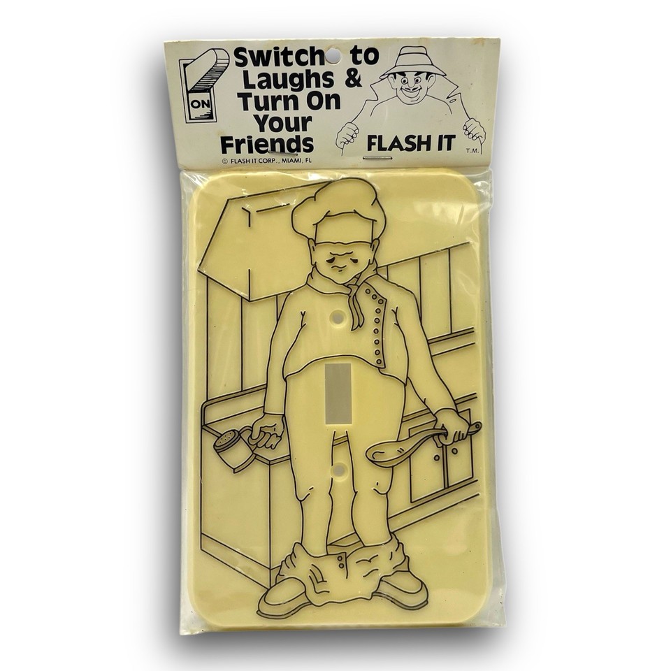 A genuine 1976 novelty light switch plate — the kind of kitschy kitchen humor that was peak '70s and is now genuinely charming vintage décor.
