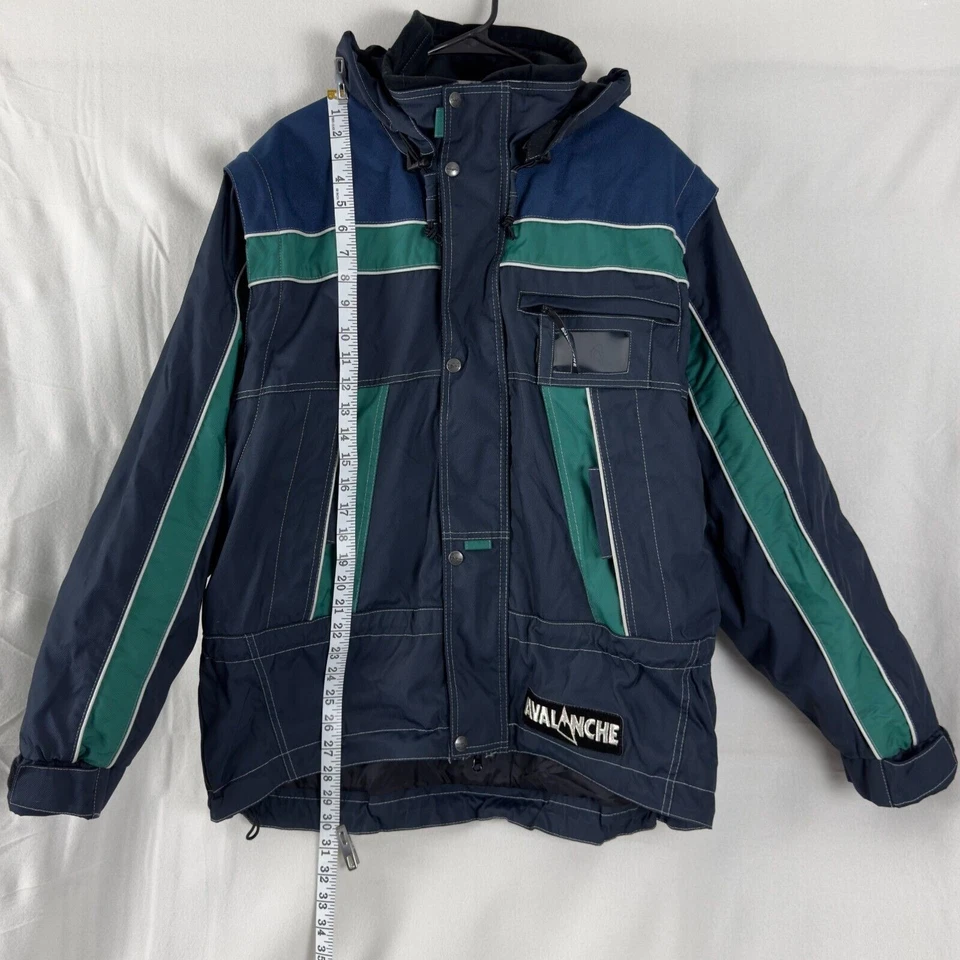 Jaqueta de inverno Avalache masculina tamanho M forrada com capuz azul verde botão bolsos com zíper - Imagem 2 de 4