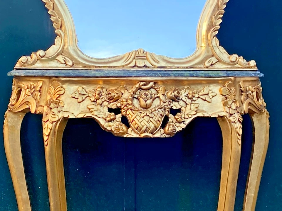 Console with Mirror – 1920s Louis XVI French Antique Marble Entryway Set - Image 2 of 4