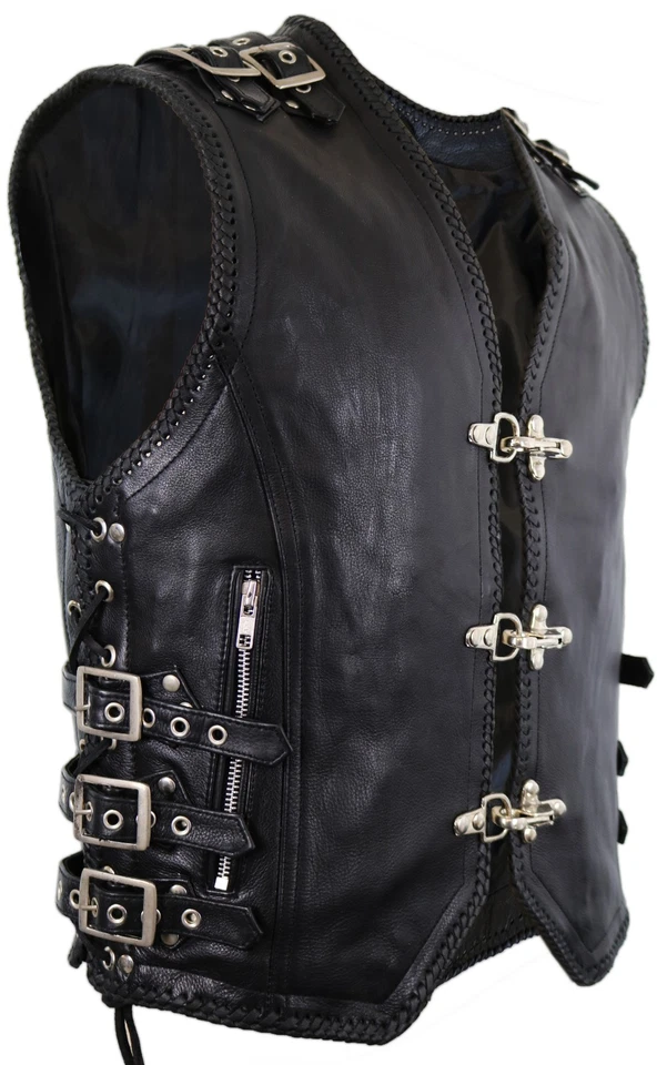 MDM Herren Motorrad Weste Bikerweste Lederweste Kutte Lederkutte Schnallen Weste