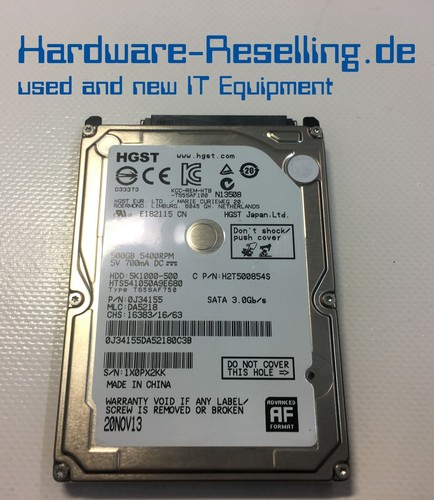Hitachi 500GB 3Gb/s 2.5" 5,4K SATA HDD HGST HTS541050A9E680 0J34155 H2T500854S