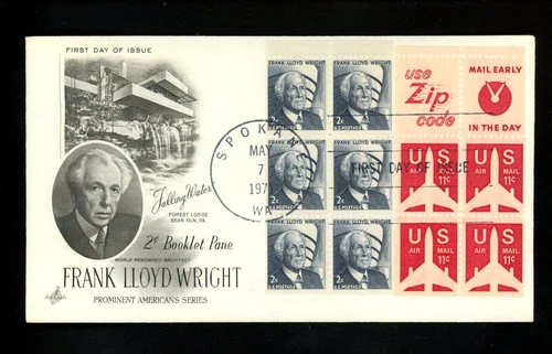 US FDC #1280c+C78a Artcraft M-6 1971 WA Frank Wright Booklet Pane BP Prominent