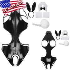 Womans Bunny Suit Costume Patent Leather Bodysuit Jumpsuit Cosplay Lingerie