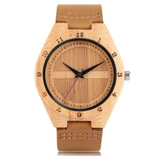 Reloj informal de madera natural de bambú para hombre movimiento de cuarzo correa de cuero relojes - Imagen 5 de 8