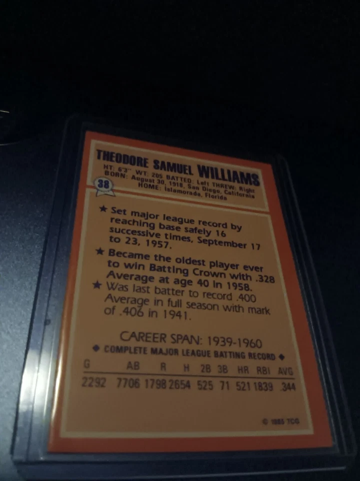 1985 Topps Collector's Series Card #38 Ted Williams Boston Red Sox - Image 2 of 2