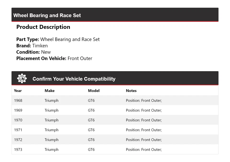 Подшипник колеса и гоночный комплект для 1968-1973 Triumph GT6 передний внешний Timken 1969 - Изображение 2 из 4