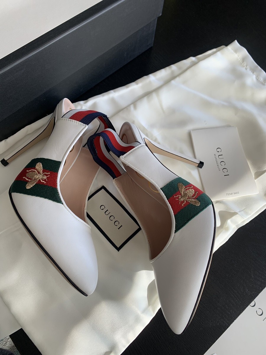 Gucci White Leather Web Detail Sylvie Slingback Pumps SIZE