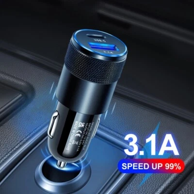 3.1A Dual port USB-C car charger in aluminum alloy,15W, QC3.0, PD fast charging.