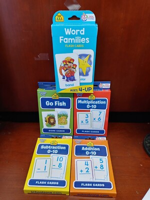 School Zone Word Families, Go Fish, add/subtract, Multiply Flash Cards lot