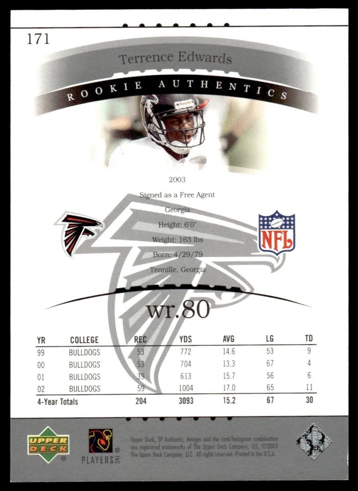 2003 SP Authentic Terrence Edwards Rookie 0874/1200 Atlanta Falcons #171A R81 - Image 2 of 2
