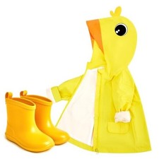 2 Pcs Toddler Raincoat Rain Boots Set Kids Baby Cartoon Hoodie 3T Yellow Duck