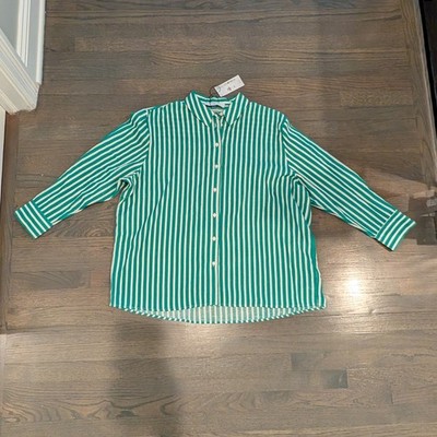 Primark Women's Long Sleeve Button Down Shirt, Striped, Green/White, XL