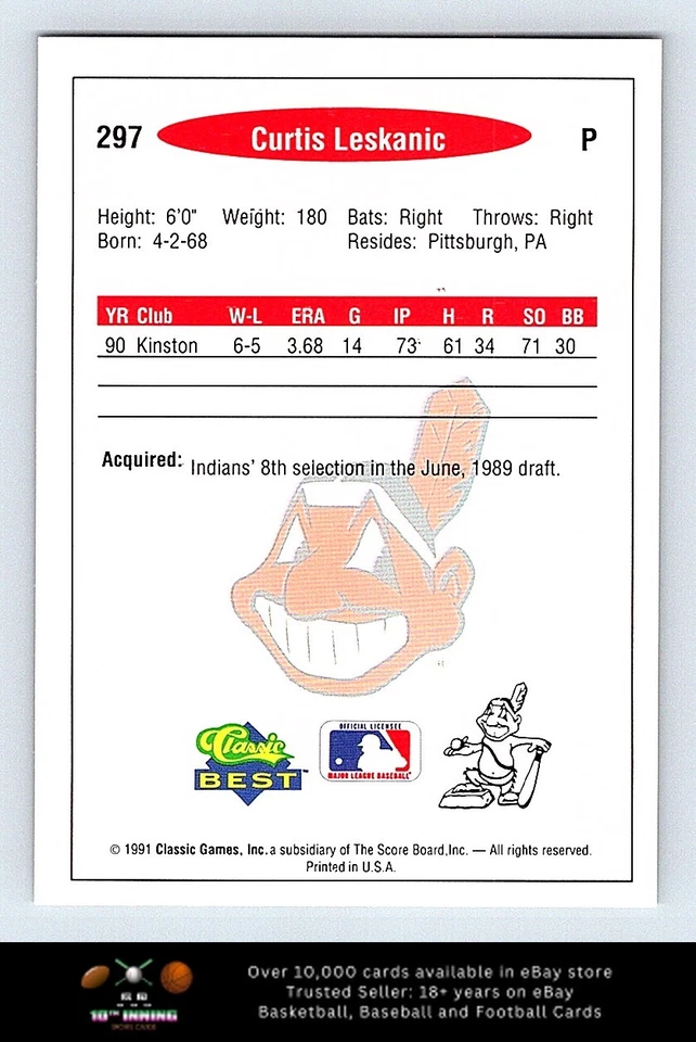 1991 Classic Best BASEBALL #297 Curtis Leskanic - Image 2 of 2