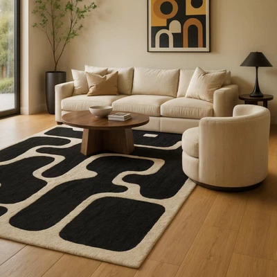 Tapis en laine géométrique : design de contour abstrait touffeté à la main, n... - Photo 1/3