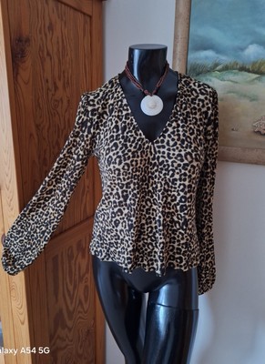 Mango - Stretch Langarm Shirt/ Bluse Leoprint mit V-Ausschnitt Gr. M = 38-40 Neu