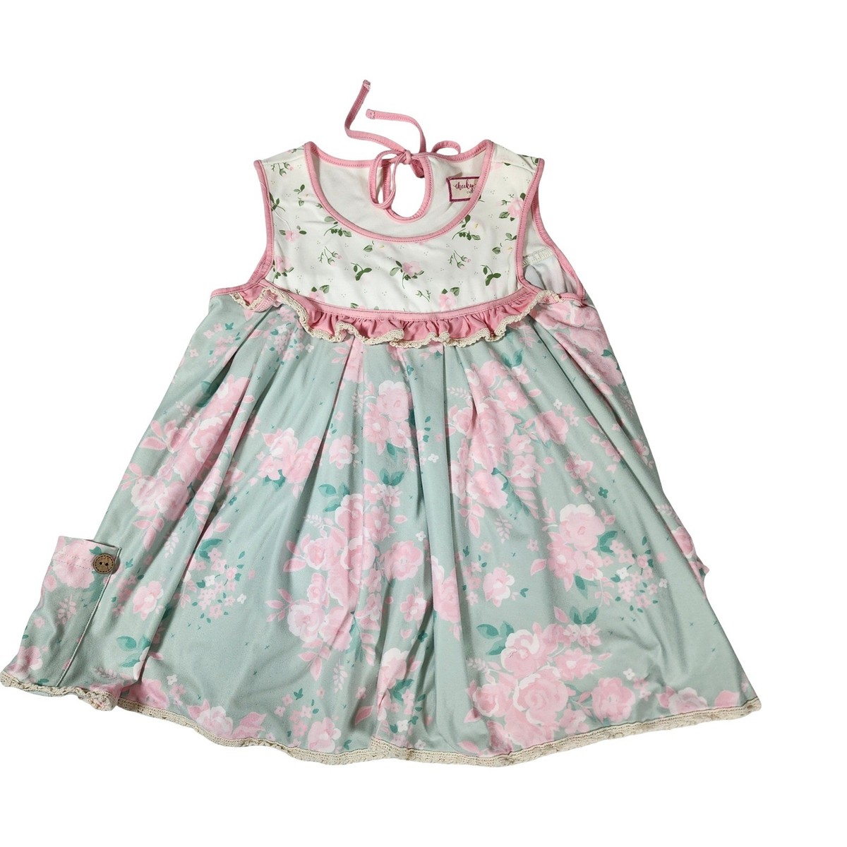 Cheeky Plum Girls Floral Ruffle Pocket Dress Sage Green Pink Size 7Y Boho |  eBay