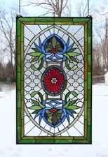 20" x 34" Jeweled Tiffany Style stained glass window panel glass panel, HF142