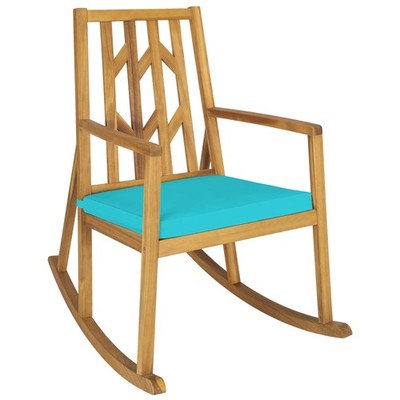Outdoor Acacia Wood Rocking Chair Wooden Patio Rocker w/ Turquoise Cushion