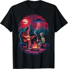 Alien and Bigfoot Campfire UFO Adventure Funny Hiking Unisex T-Shirt