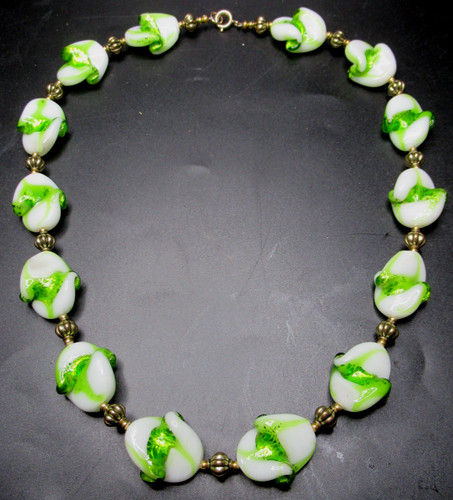 Gorgeous Green Foil Glass Beaded French Beaded Necklace