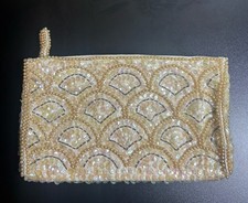 La Regale Beaded Sequin Silk Cream Clutch Purse Pouch Zipper Vtg Fan Design