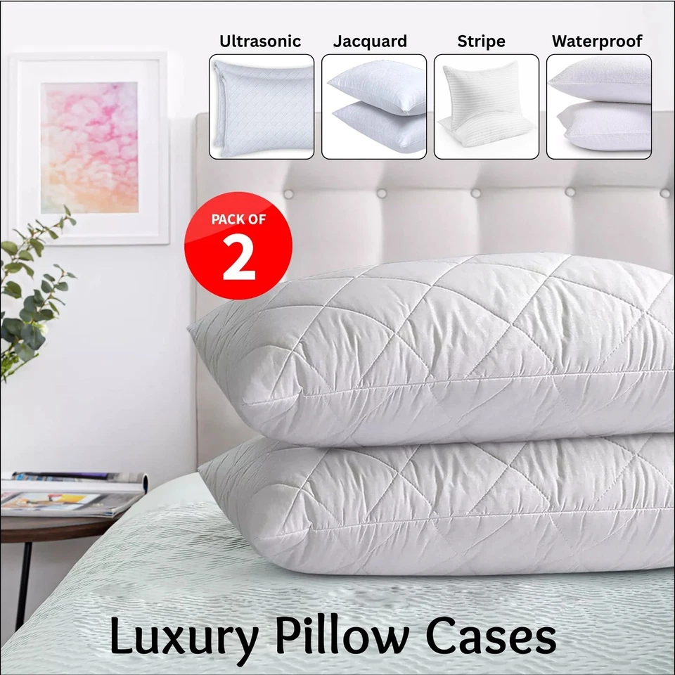 Pack of 4 Luxury Quilted Zipped Pillow Protectors Soft Pillow Pairs White Cover - Image 3 of 4