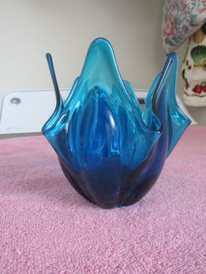 Vintage Viking Glass  blue Flame  Handkerchief bowl 5''Tall x 5 1/2''