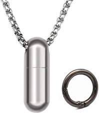 Small Pill Box Necklace Titanium Mini Pill Case W/ 28" Rolo Chain Necklace Tiny 