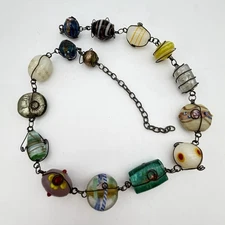 Vtg Wedding Cake Necklace Wire Wrap Foiled Swirl Art Glass Venetian Murano Style