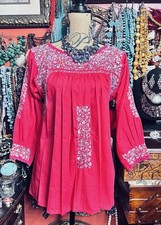 BEAUTIFUL El INTERIOR MEXICAN OAXACA PINK MULTI COLOR SILK EMBROIDERY DRESS M