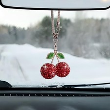 Bling Cherry Car Rear View Mirror Charm, Rhinestone Auto Rearview Mirror Red
