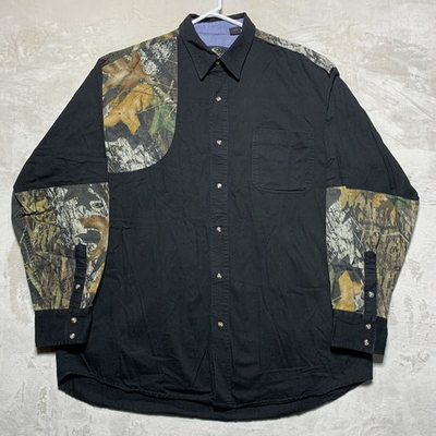 #ad #ad Mossy Oak Roper Western Camo Pearl Snap Shooting Shirt Men’s XL Black Hunting $21.88