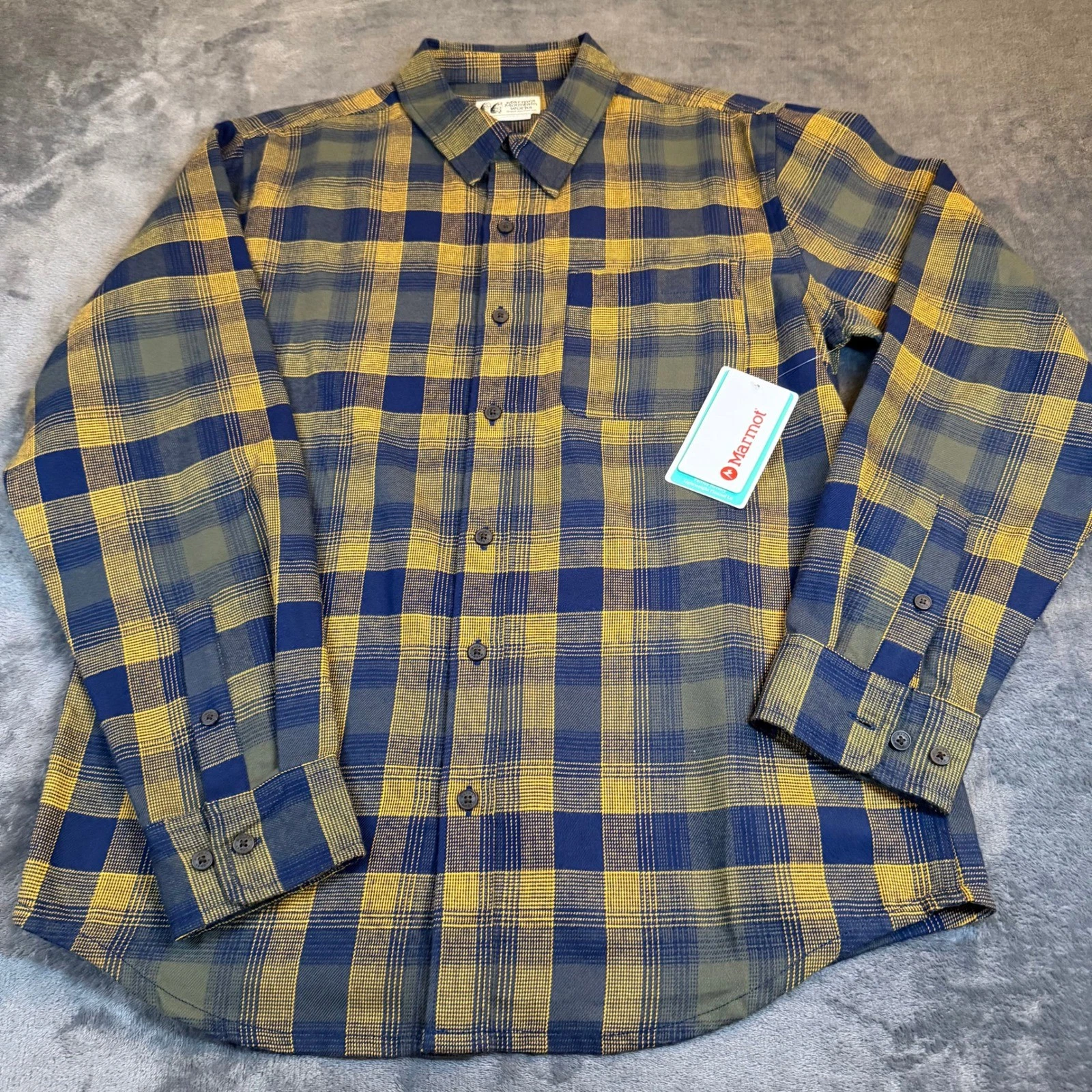 Marmot Fairfax Novelty Lightweight Flannel Shirt Navy Yellow Plaid Mens Medium