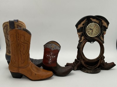Decorative Resin Cowboy Boot Themed Objects Includes 3 Boot Planters & 1 Clock