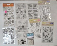 Random Lot of 9 Cling Stamps, 1 Die Birthday Floral Bugs Highland Cow Cats Space