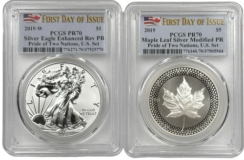2019 W  Silver Pride of Two Nations 2 Coin Set PCGS PR 70 FDOI Flag Label