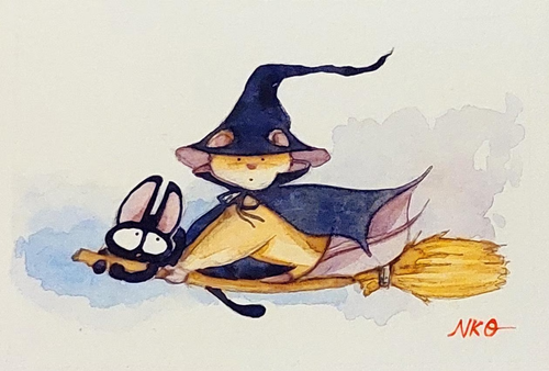 Original Halloween ACEO Watercolor – Mouse Witch & Anxious Cat, Art Gift - Picture 5 of 7