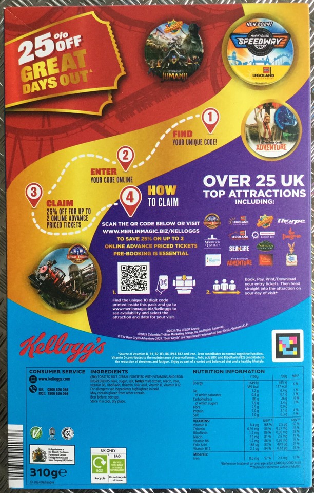 2x CODES 25 OFF MERLIN VOUCHER LEGOLAND SEALIFE TUSSAUDS Kellogg's
