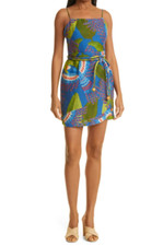FARM RIO BLUE MACAW PRINT LINEN MINI WRAP DRESS  M