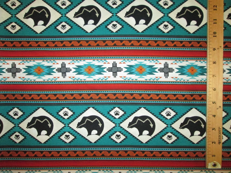 Tótem nativo americano navajo borde oso tela de algodón verde FQ Foto 4 de 4